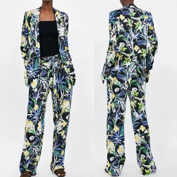 Zara Basic Floral Print Silky Satin Open Front Blazer Jacket M Vibrant Tropical - Picture 3 of 16
